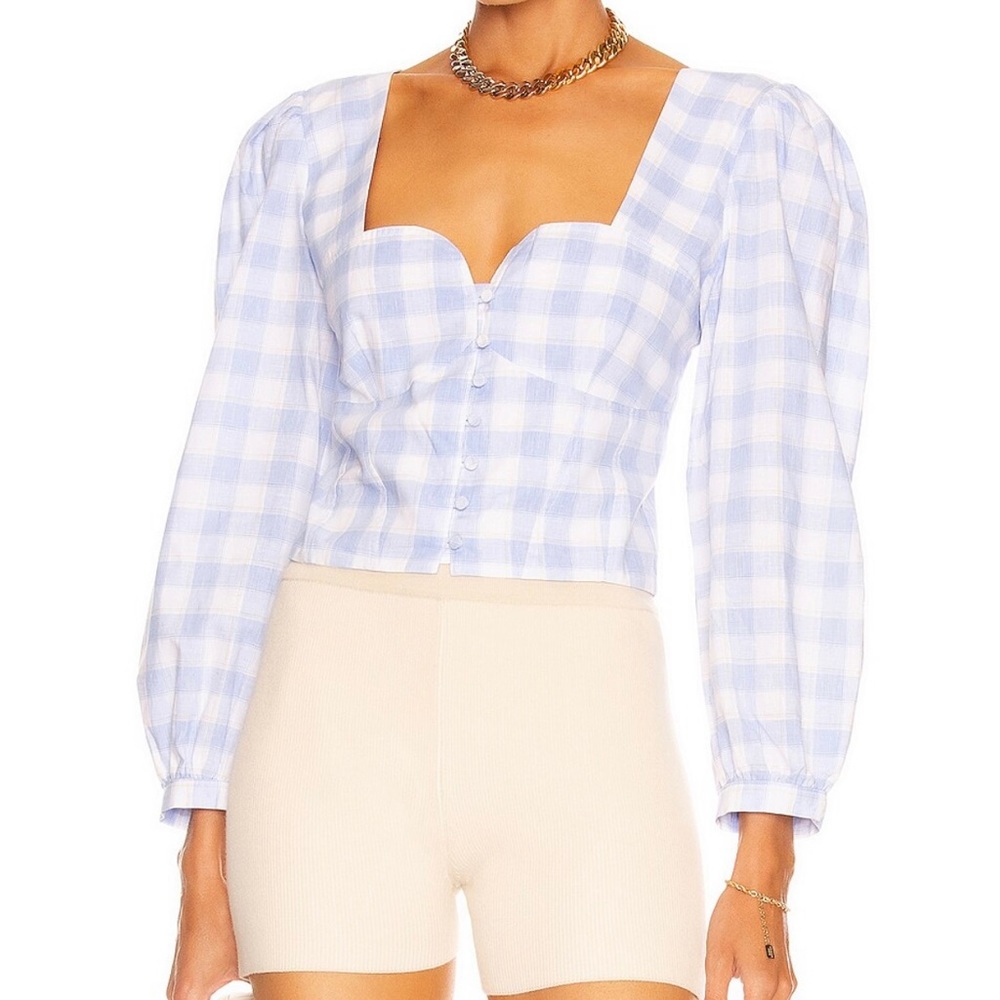 Jonathan Simkhai Mary Jane Oxford Smocked Long Sleeve Top in Blue Plaid Medium